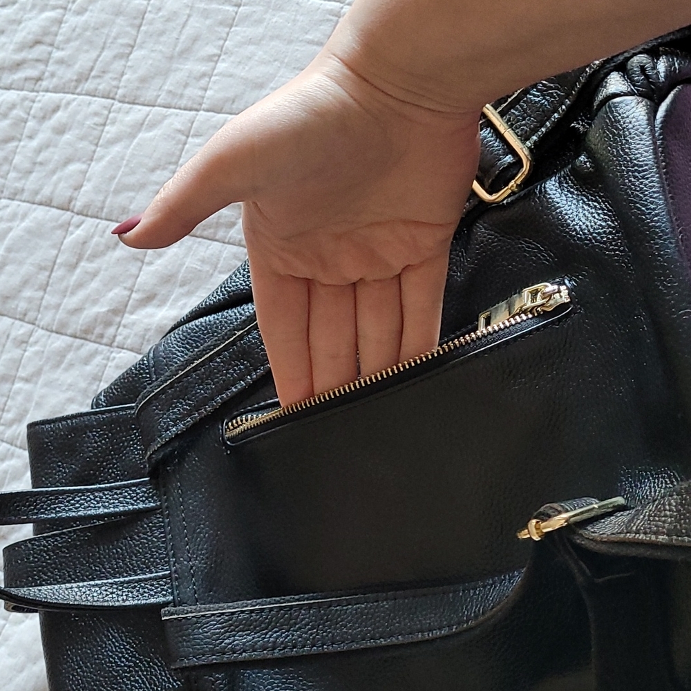 EUC Black Pebbled Leather w Gold Backpack - Picture 3 of 14